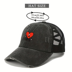 Heart Ripped Ponytail Baseball Cap Candy Washed Distressed Mesh Trucker Hat