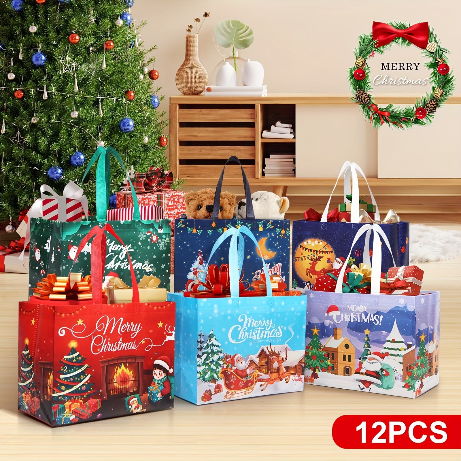 12pcs Christmas Gift Bags Large Xmas Party Favors Tote Bags With Handles