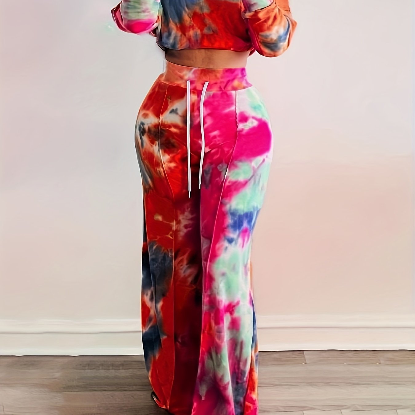  Tie Dye One Shoulder Crop Top & Wide Leg Pants Set