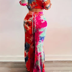  Tie Dye One Shoulder Crop Top & Wide Leg Pants Set