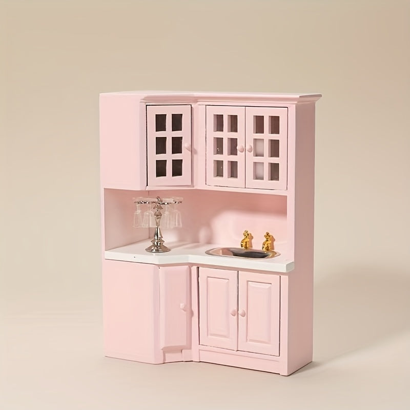 1:12 Scale Pink Dollhouse Kitchen Set with Cabinets, Sink, and Countertop Combo