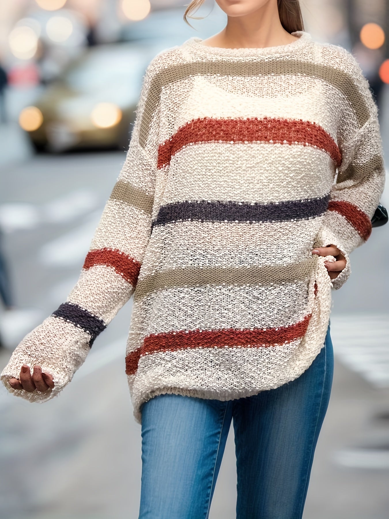  Casual Stripe Print Long Sleeve Round Neck Tunic Jumper