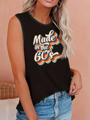 Women's Plus Art Letter Print Tank Top 60's 70's 90's Round Neck
