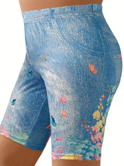  Denim & Butterfly Print High Rise Skinny Shorts