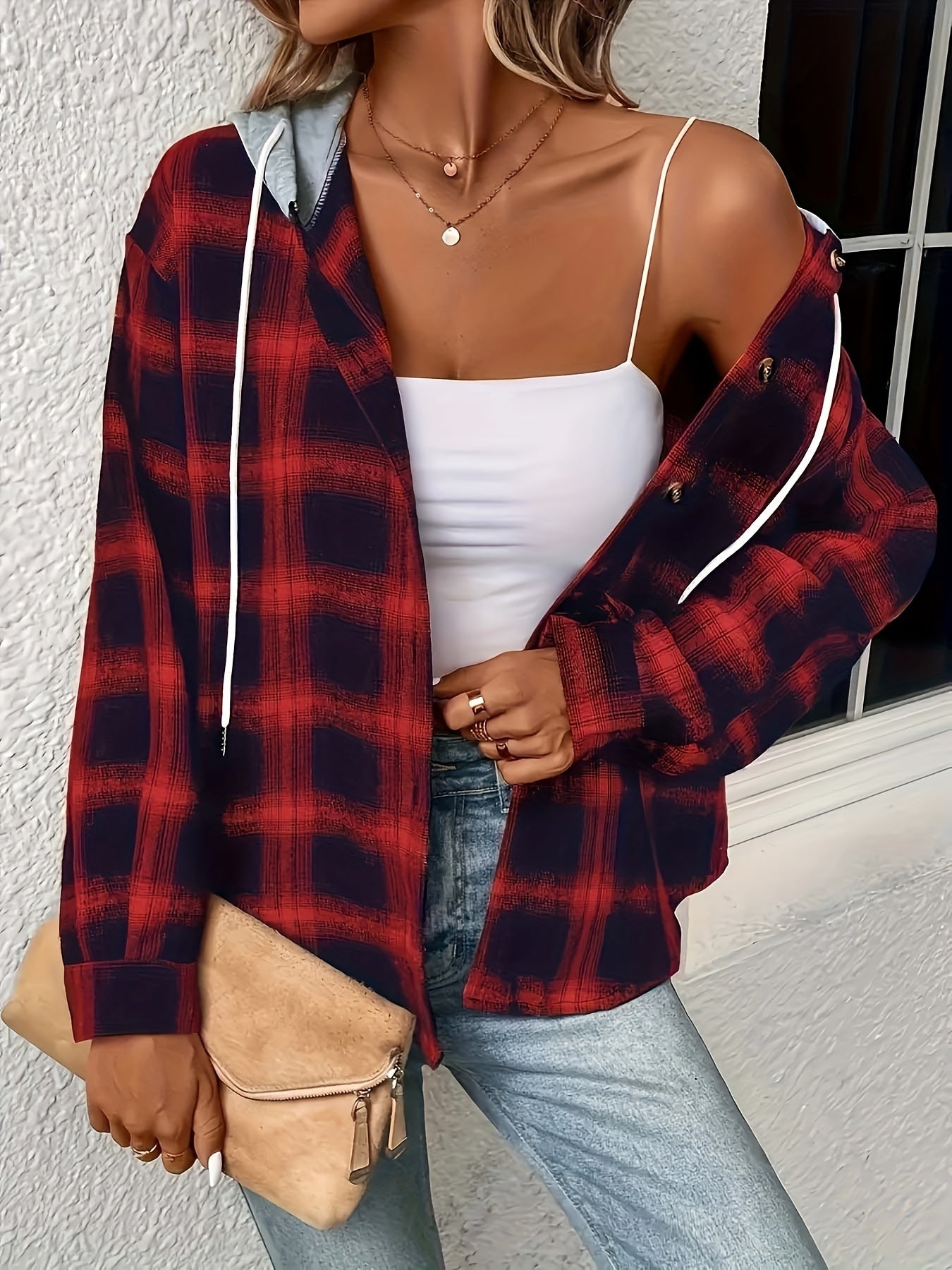  Colorblock Plaid Hooded Long Sleeve Shirt