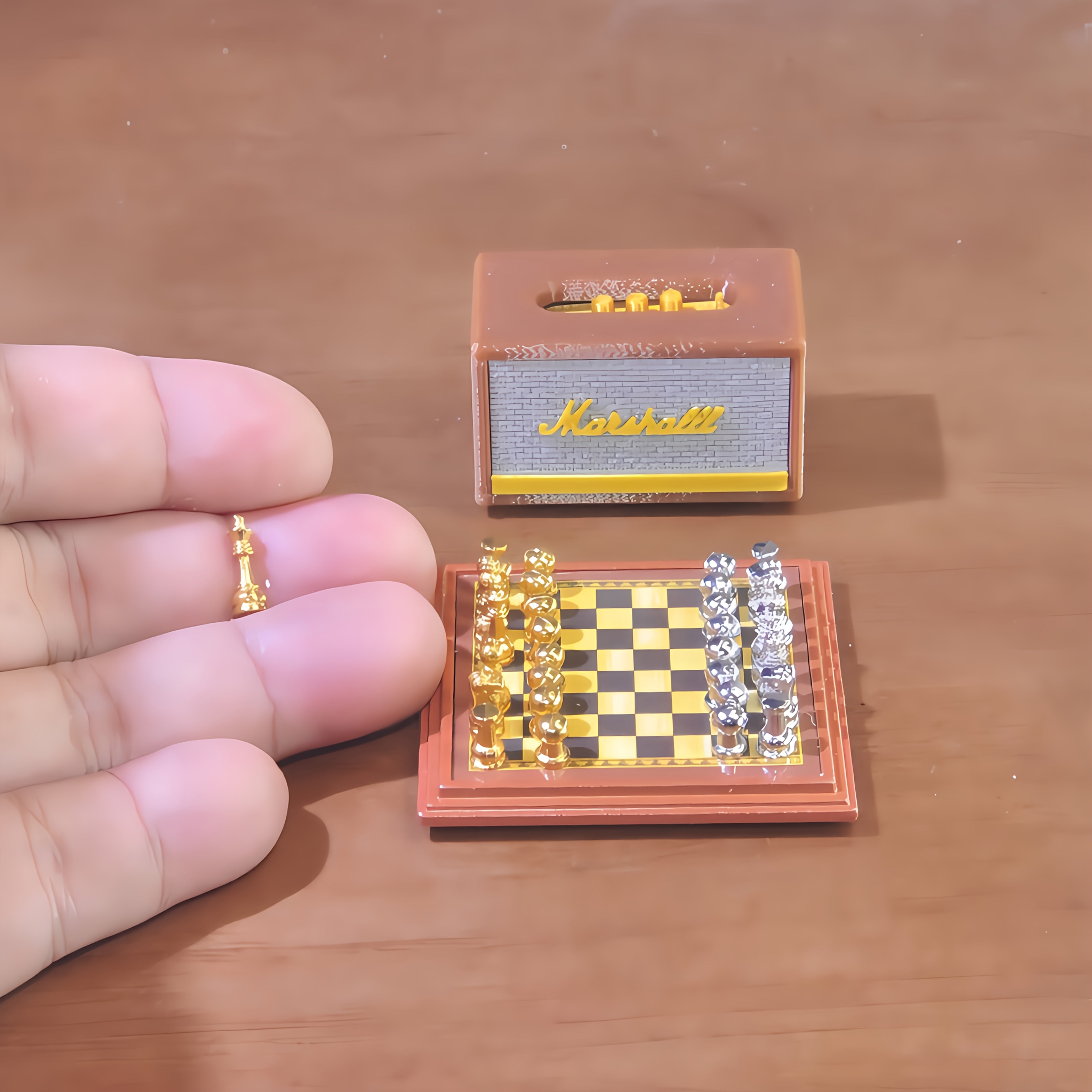 Mini Retro Speaker & Magnetic Chess Set 1/6 Scale - Gift & Dollhouse Accessory