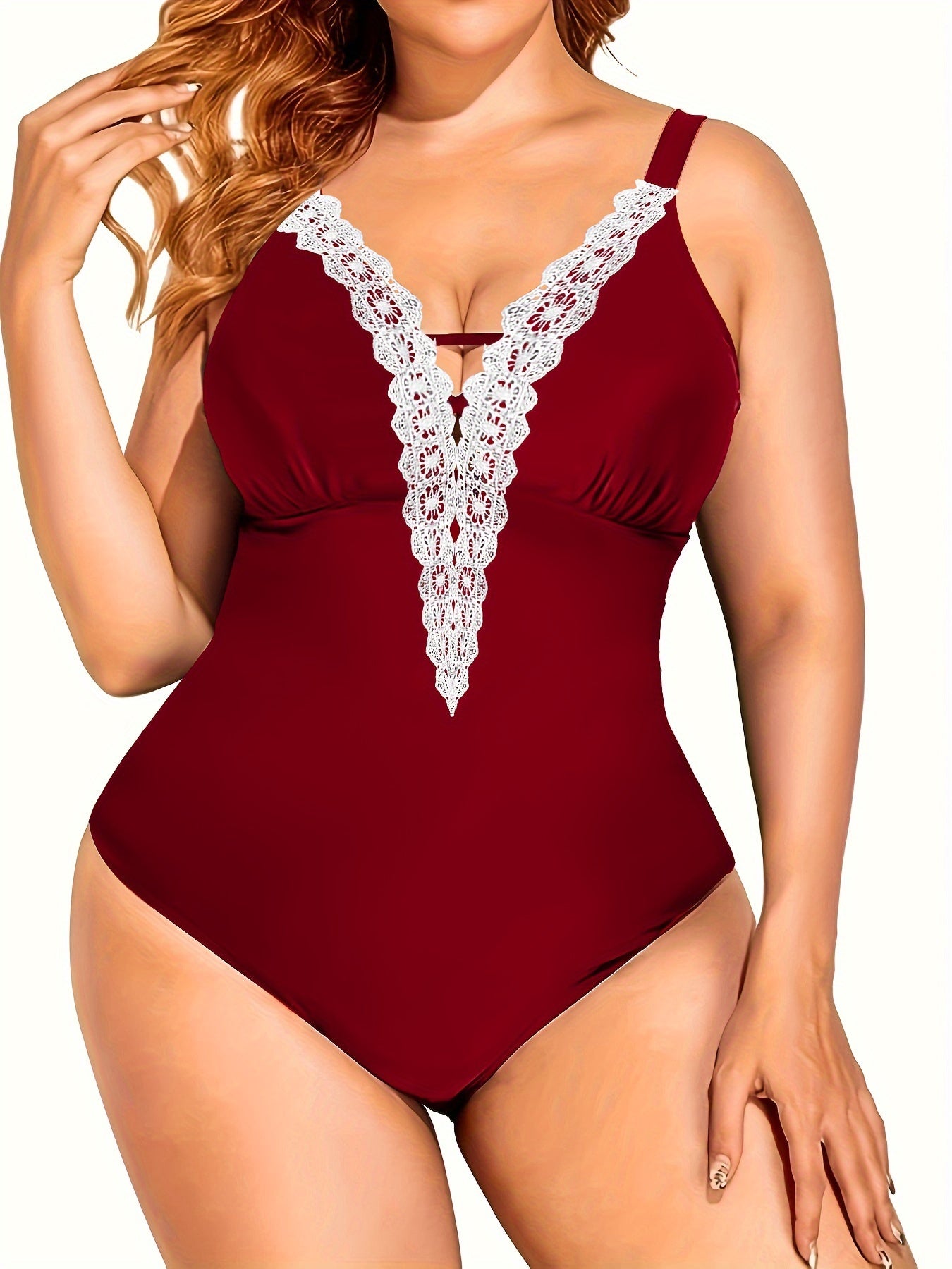  Contrast Lace Crisscross V Neck One Piece Swimsuit