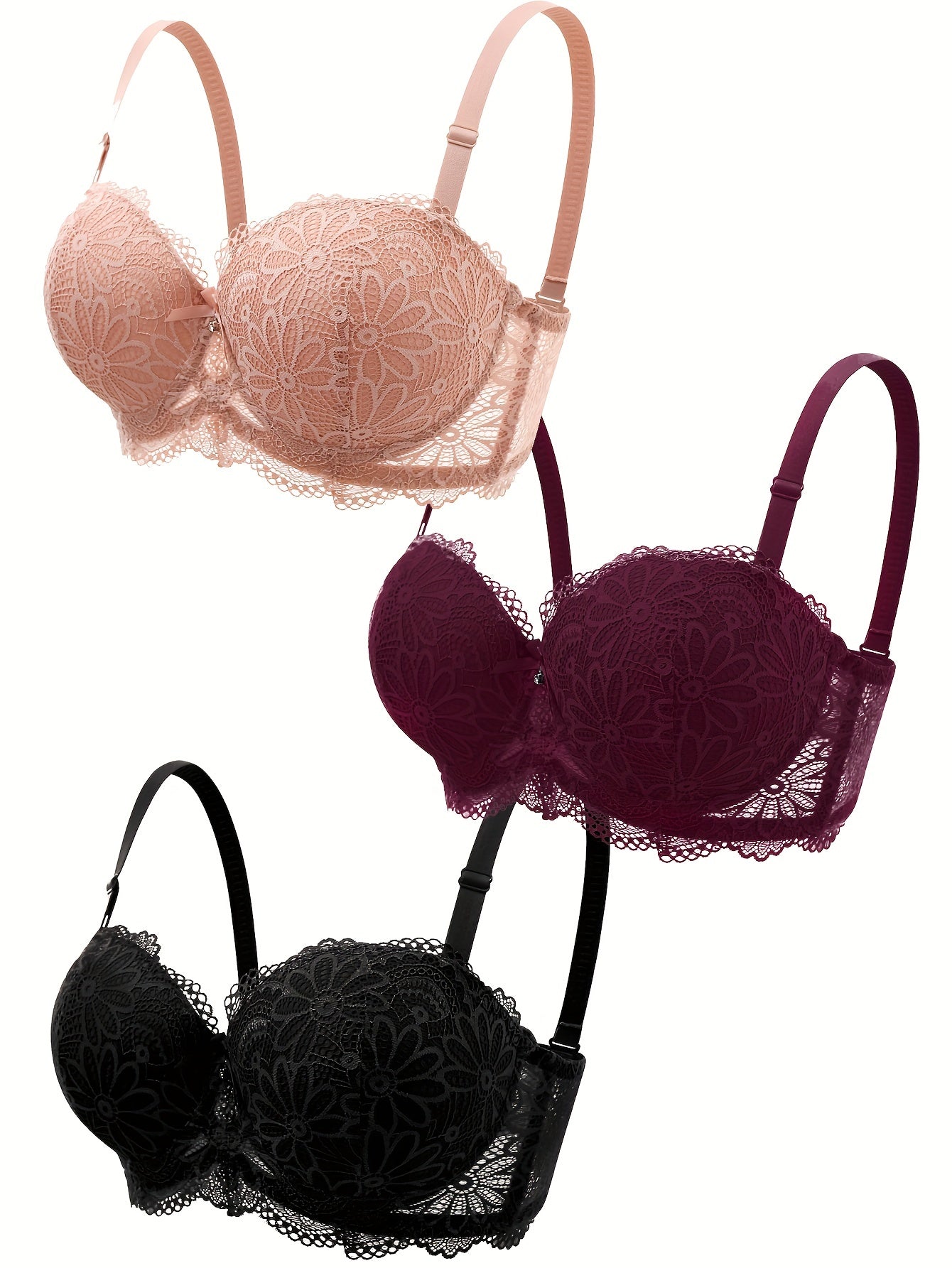 3pcs Lace Push Up Bras Comfy & Breathable Bow Tie