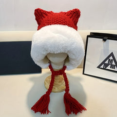 Warm Knit Beanie with Cat Ears and Tassels