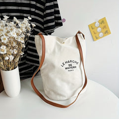 Casual Canvas Bucket Bag Large Capacity Shoulder Bag