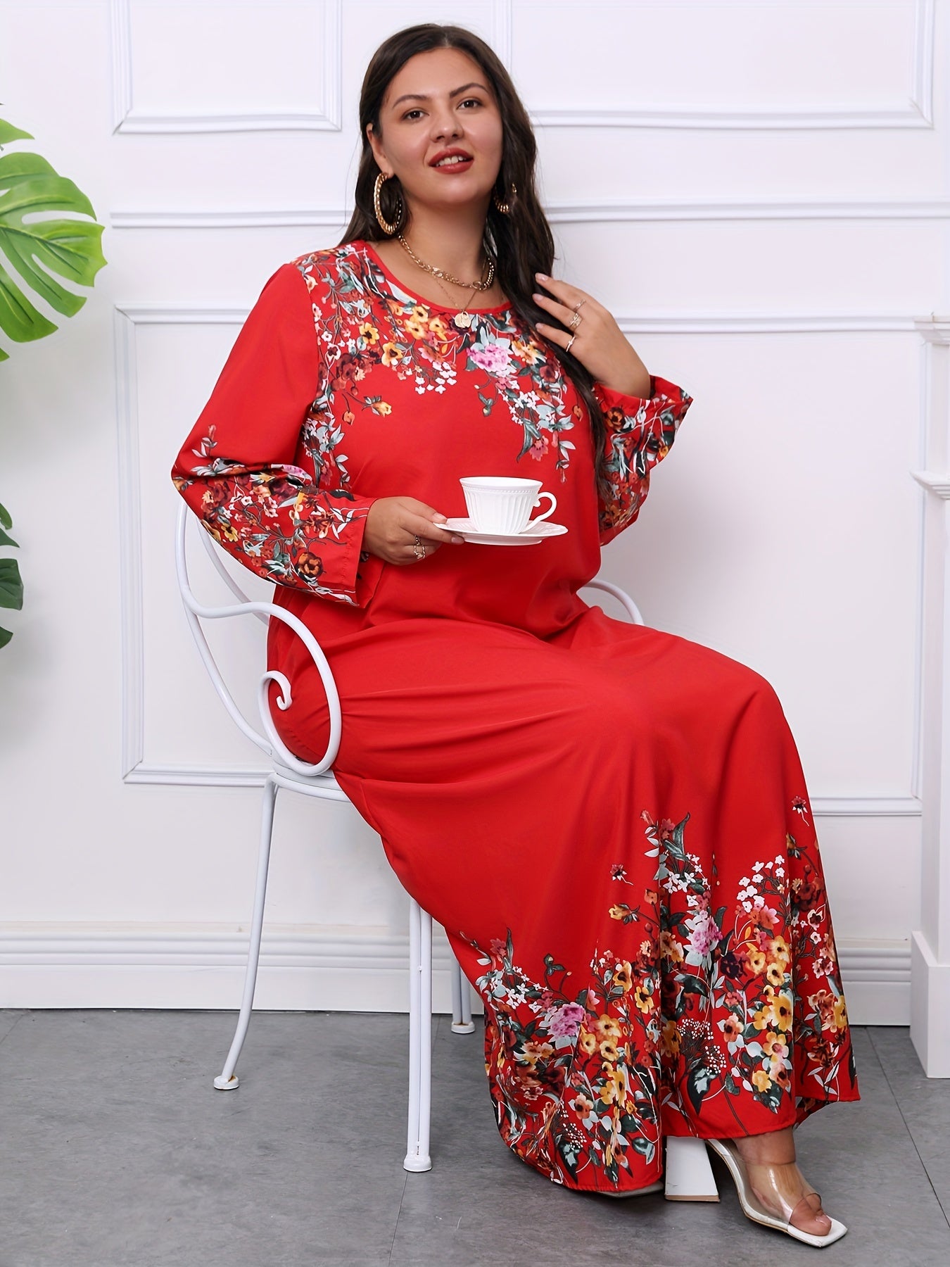  Floral Print Long Sleeve Maxi Dress