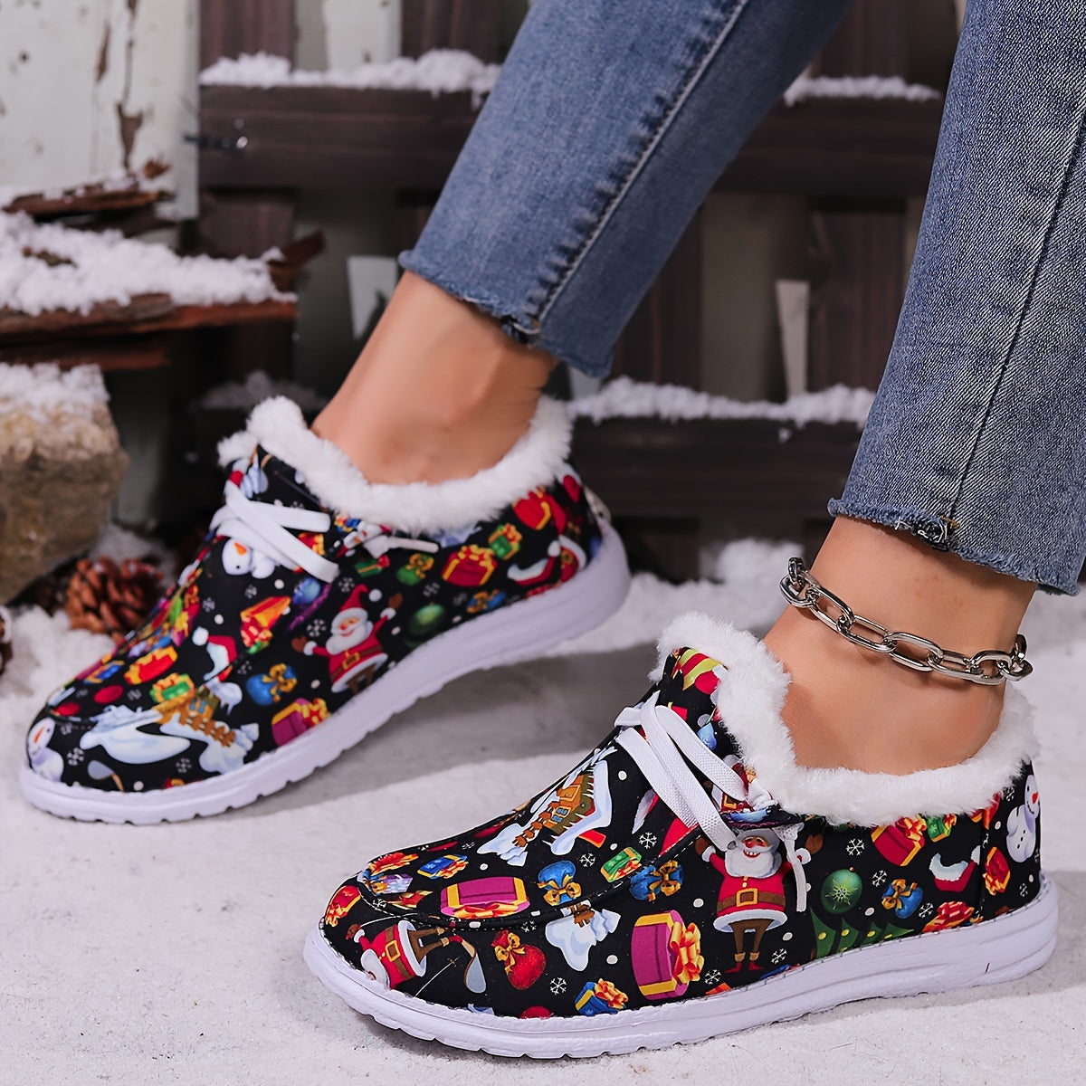 Women's Christmas Snow Boots Santa Snowflakes Cartoon Winter Plush Warm Flat