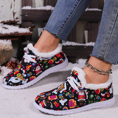 Women's Christmas Snow Boots Santa Snowflakes Cartoon Winter Plush Warm Flat