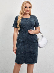  Denim Dress Women's Short Sleeve Round Neck Slim Fit Knee Length Dress