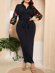 Floral Print Lantern Sleeve Ruffle Trim Maxi Midi Dress