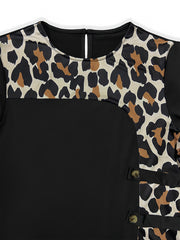  Casual Dress Colorblock Leopard Print Long Sleeve Midi Dress