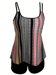  Stripe Print Tankini Set Women's Plus Cami Top & Shorts Swimsuit