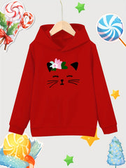 Cat Print Girls Cotton Pullover Hooded Sweatshirt for Autumn Winter