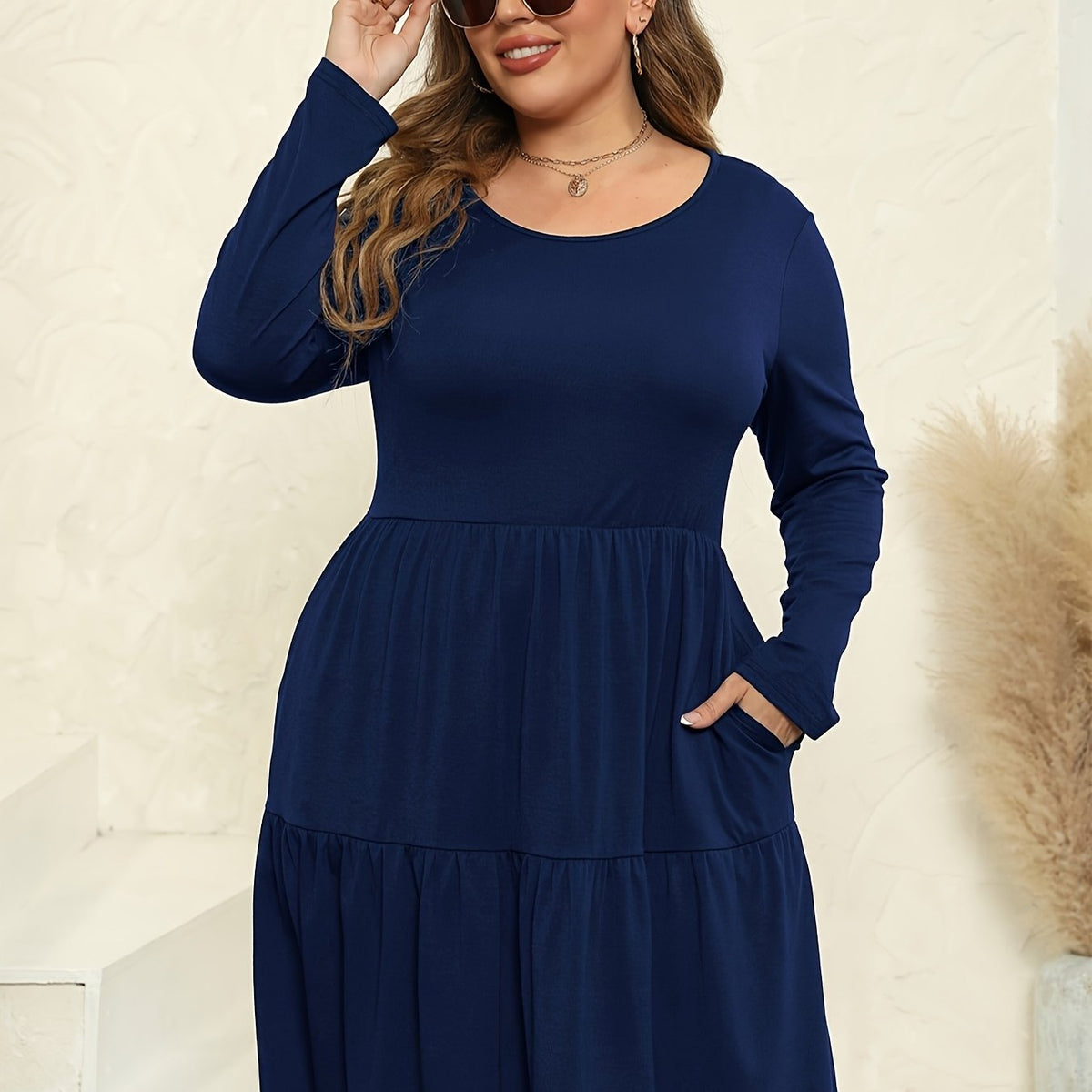  Solid Long Sleeve Knee Length Dress With Pockets