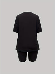 Letter Print Matching Two piece Set Casual Short Sleeve T shirt & Biker Shorts