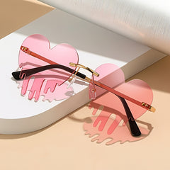 Men's Melting Heart Sunglasses Golden Metal Frameless Tear Drop Eyewear