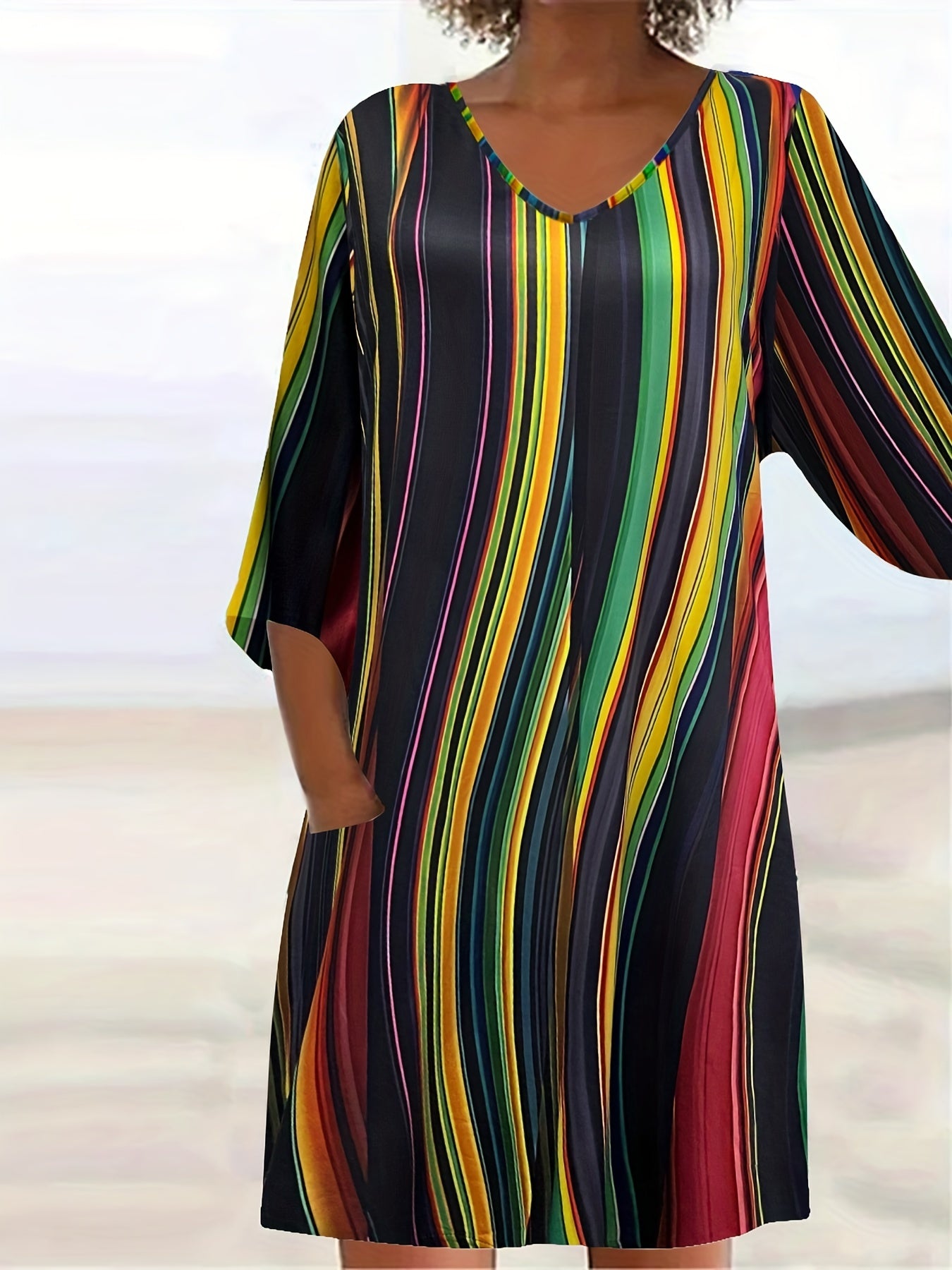  Boho Dress Women's Plus Stripe Print V Neck Tee Dress With Pockets