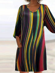  Boho Dress Women's Plus Stripe Print V Neck Tee Dress With Pockets