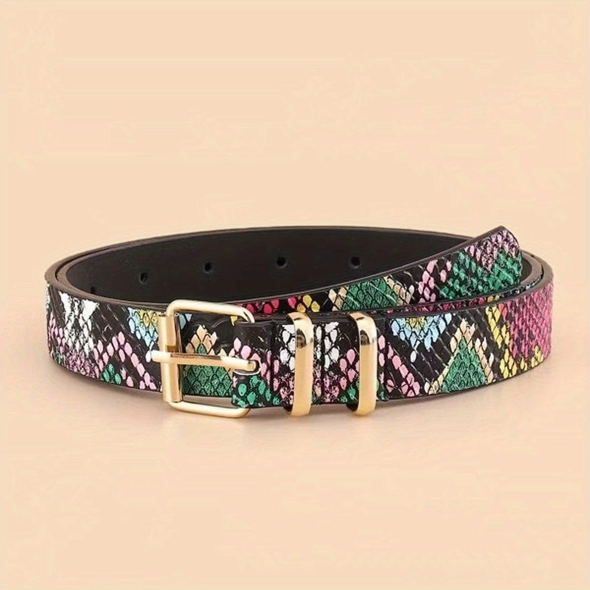 Colorful Snake Pattern Waist Belt Double Loop Thin PU Leather Pin Buckle