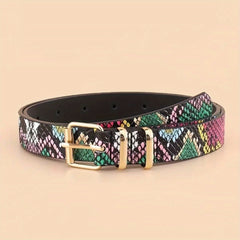 Colorful Snake Pattern Waist Belt Double Loop Thin PU Leather Pin Buckle