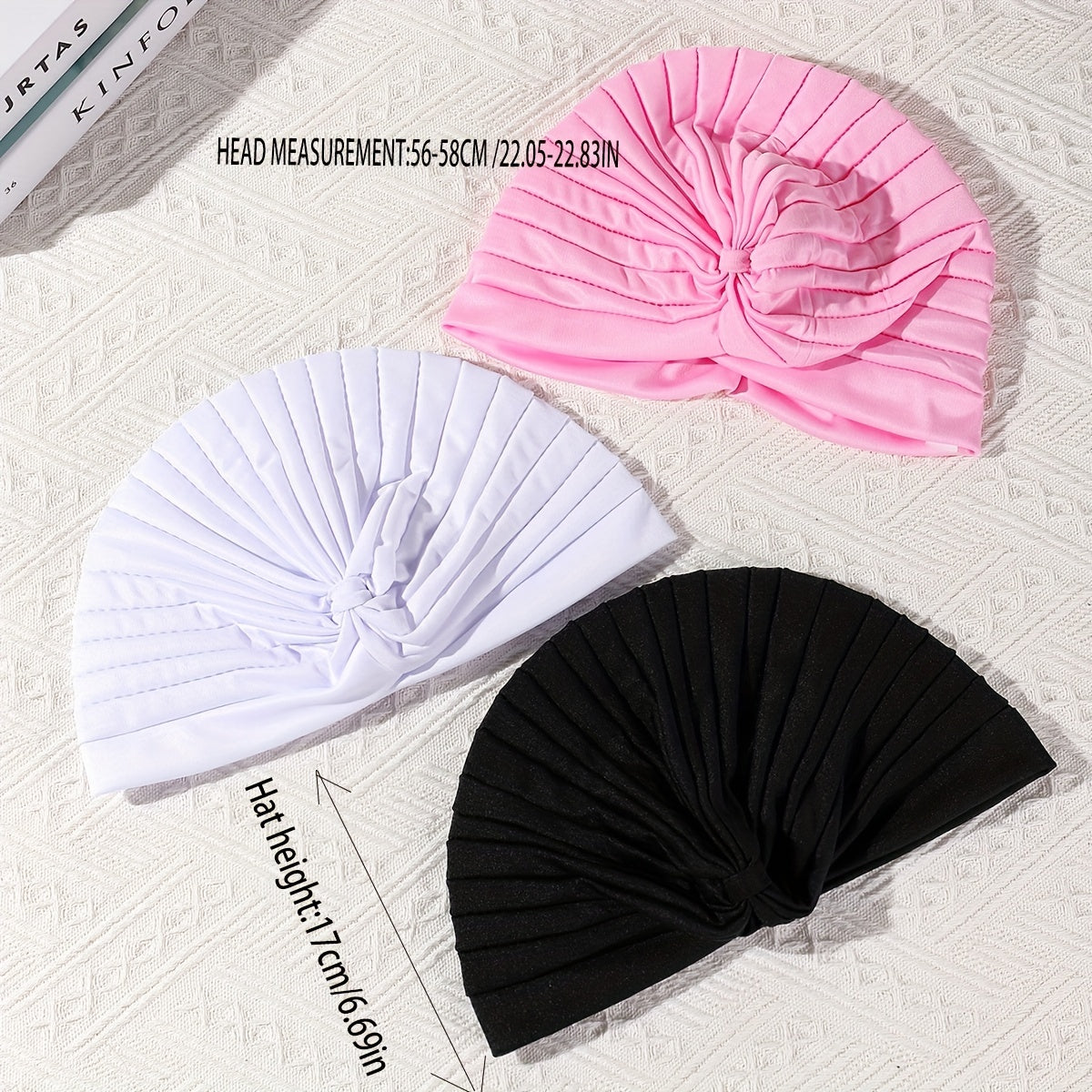 3pcs Set Satin Pleated Turban Cap Solid Head Wraps Elastic Bonnet Head Scarf