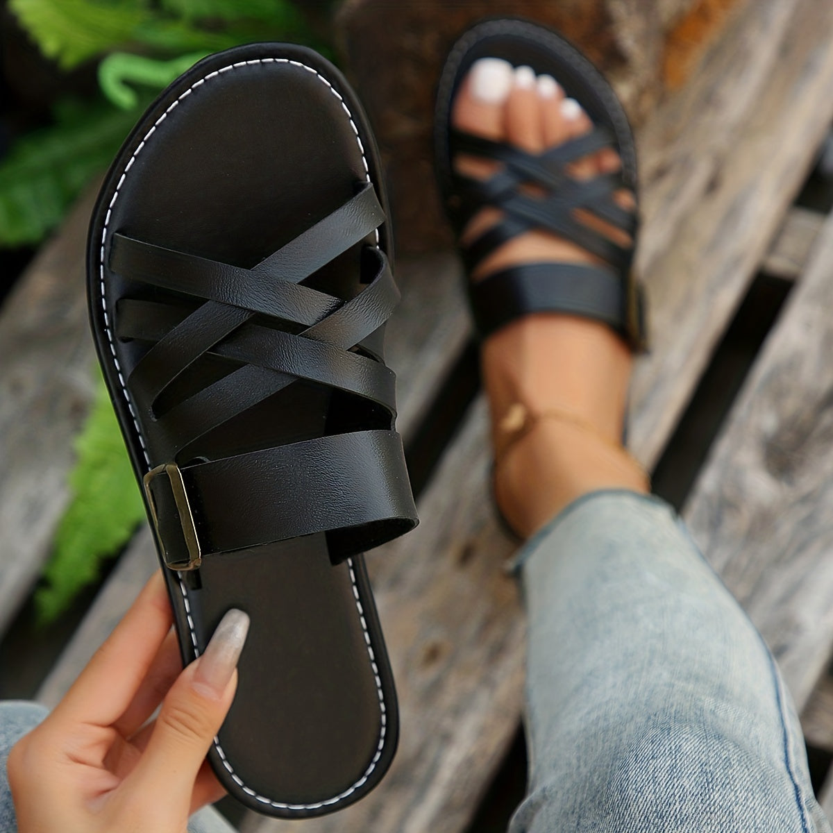 Women's Cross Strap Flat Slides Lightweight Faux Leather Shoes
