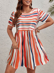  Colorblock Stripe Print Short Sleeve Round Neck Mini Dress