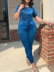  Casual Outfit: Denim Print Top & Leggings Set