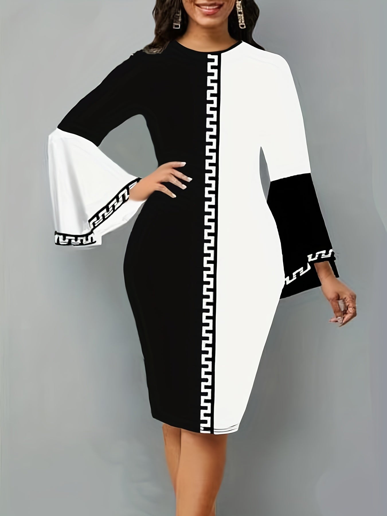  Colorblock Geometric Print Bell Sleeve Round Neck Dress
