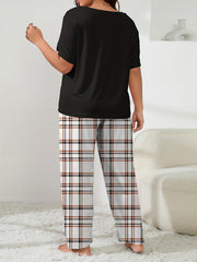  Casual Loungewear Set Solid Tee & Plaid Pants Pajama Set