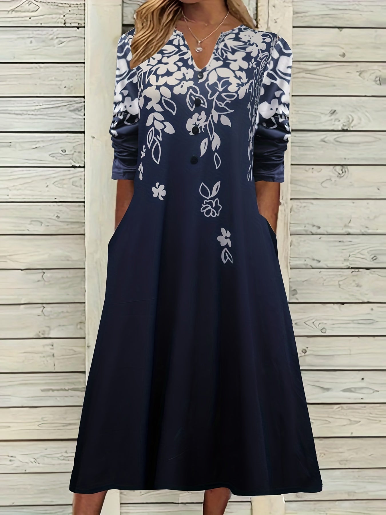  Floral Print Long Sleeve Maxi Dress With Pockets