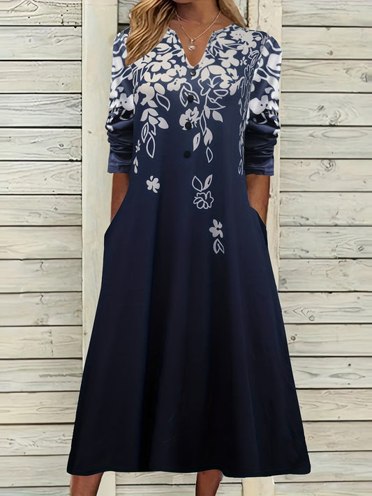  Floral Print Long Sleeve Maxi Dress With Pockets