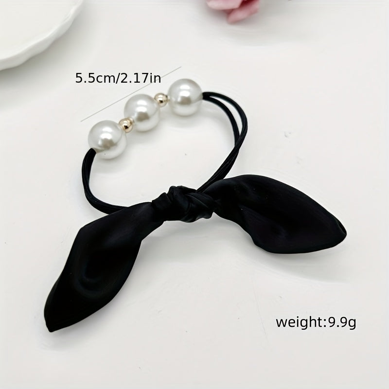 Bow Faux Pearl Hairband Elastic Hair Tie