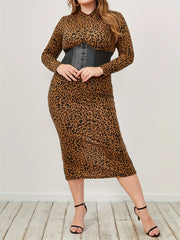  Leopard Print Mock Neck Bodycon Dress
