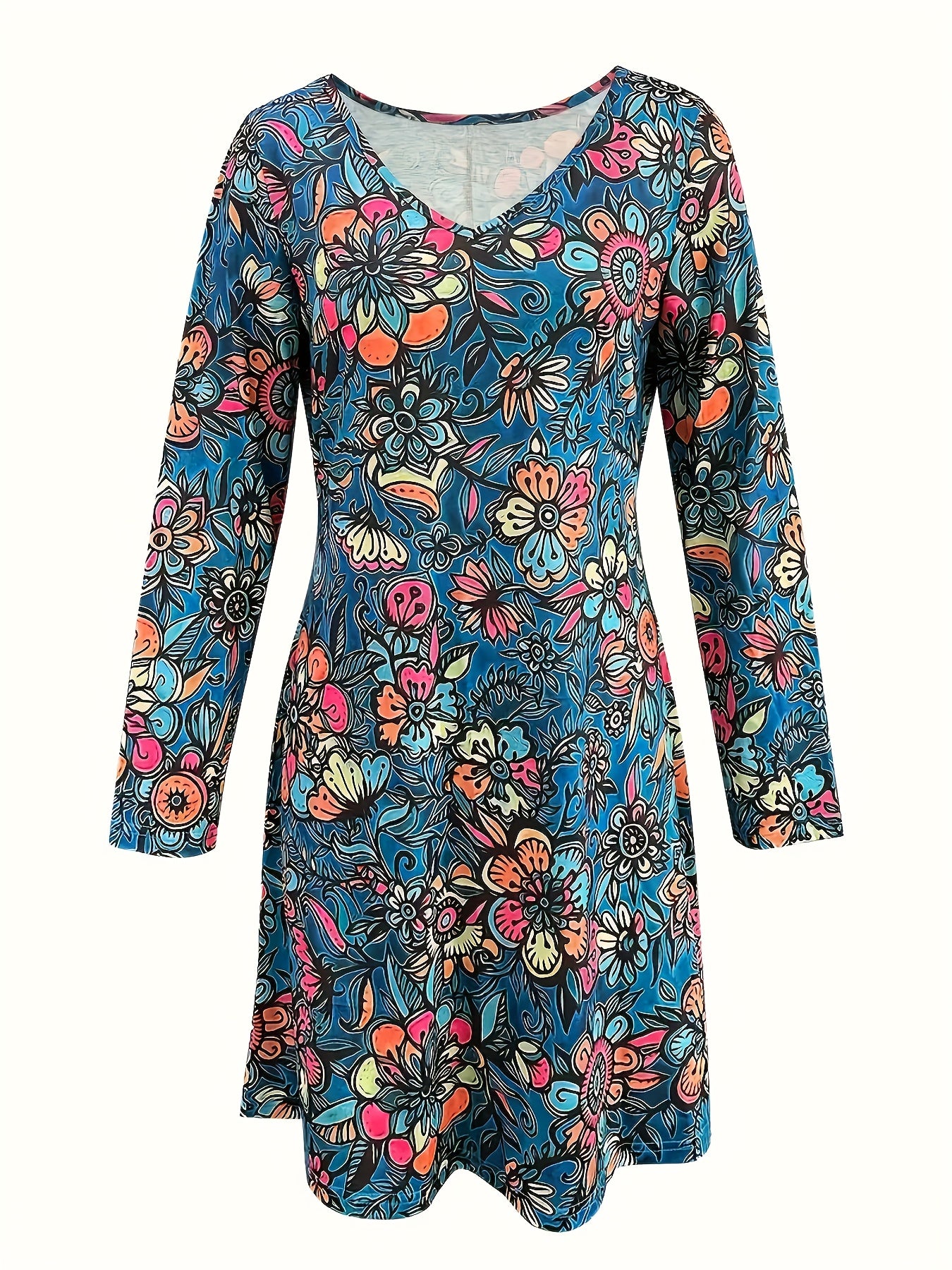 Floral Print V Neck Mini Dress