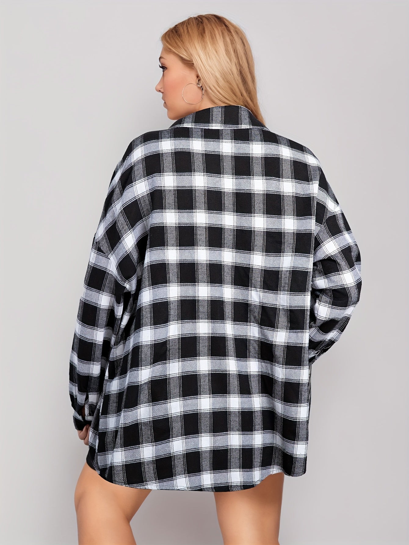  Plaid Print Button Up Long Sleeve Blouse