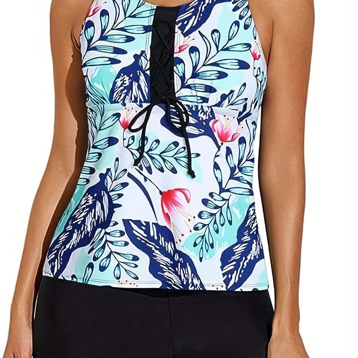  Floral Print Tankini Set Lace Racer Back Top & Shorts Swimsuit