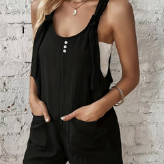 Button Front Overall Romper Casual Solid Sleeveless Pocket Front