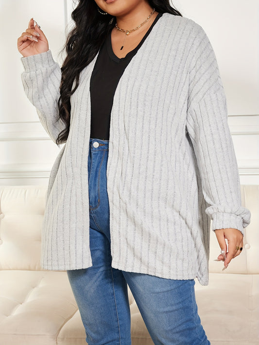  Solid Ribbed Open Front Knit Cardigan