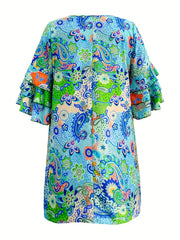  Boho Dress Women's Paisley Floral Print Bell Sleeve Mini Dress