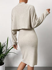 Ribbed Two-Piece Set Mock Neck Drop Shoulder Tops & Bag Hip Midi Skirts
