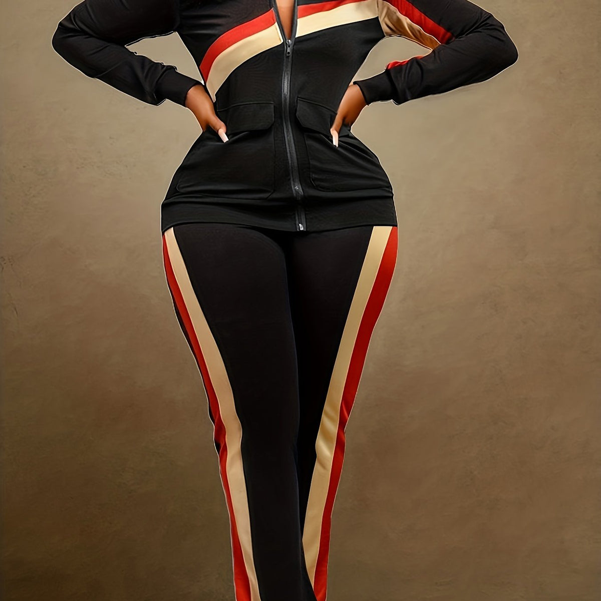  Striped Print Jacket & Pants Set Women's Plus Casual 2pcs Set