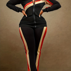  Striped Print Jacket & Pants Set Women's Plus Casual 2pcs Set