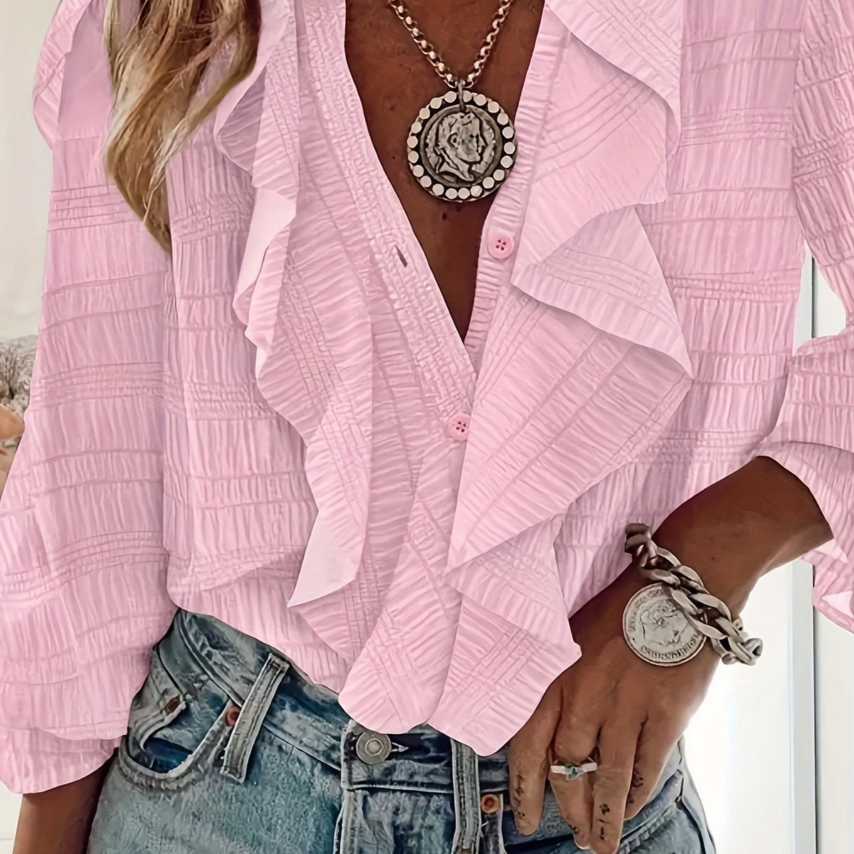  Women's Solid Textured Ruffle Trim Blouse