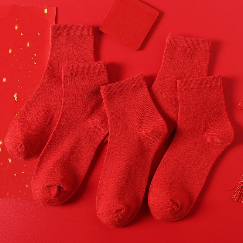 5 Pairs Red Mid tube Socks Women's Stockings
